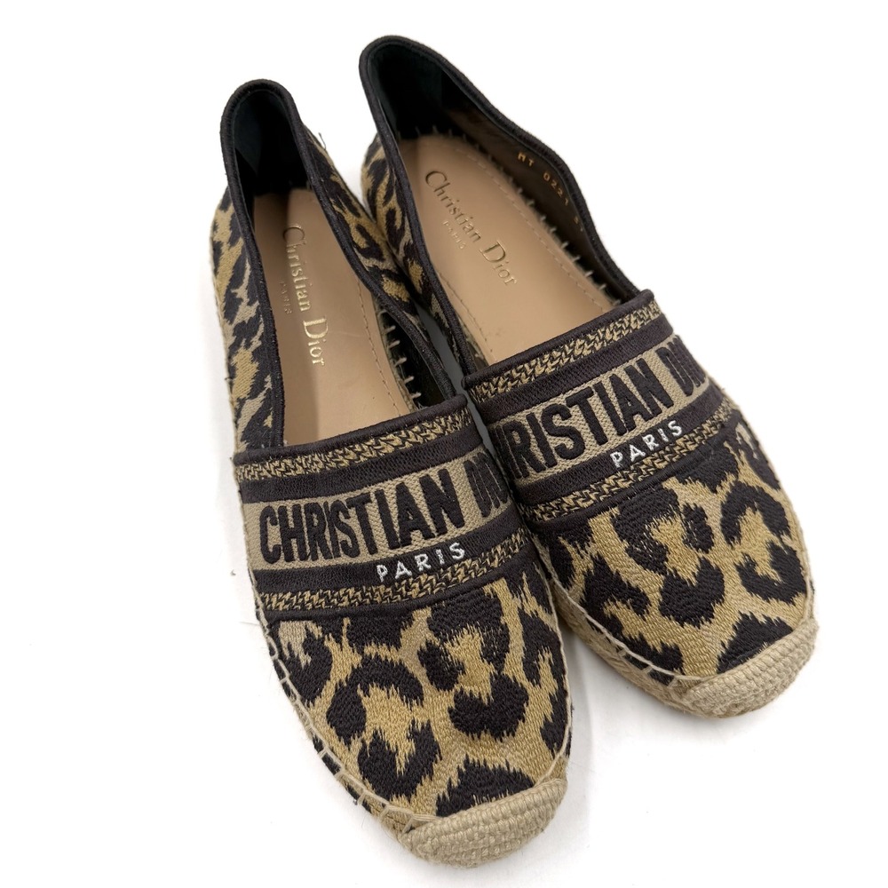 Christian Dior Granville Leopard Espadrilles Beige Black Logo Flat 37 / 7